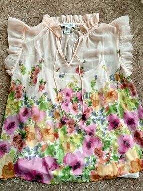 Rachel Zoe Soft Pink Floral Tie-Front Ruffle Sleeve Blouse Sz S